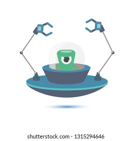 vector flat funny blue alien spaceship logo or label design template isolated on white background. cartoon ufo alien in space. funny flying saucer icon