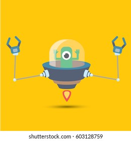 vector flat funny blue alien spaceship logo design template . cartoon ufo alien in space. funny flying saucer