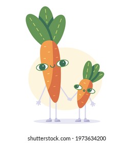 Vector flat funny cute family carrots mascot with face and legs.