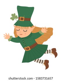 Vector flat funny fairy in green traditional clothes and hat with shamrock. Cute St. Patrick’s Day illustration. National Irish holiday icon isolated on white background