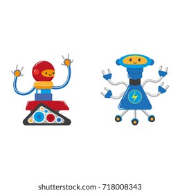 vector flat funny friendly robots set. Humanoid male characters without legs, with arms ,wheels or rollers and antennas . Isolated illustration on a white background.