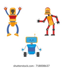 vector flat funny friendly robots set. Humanoid male characters with arms, legs, wheels or rollers and antennas . Isolated illustration on a white background.