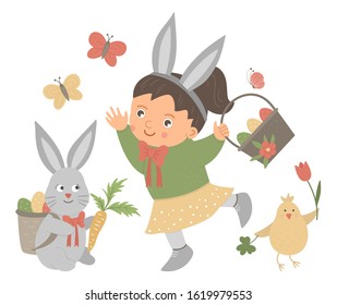 Vector flat funny girl with rabbit’s ears, basket with eggs, bunny, chicken and butterfly. Cute Easter illustration. Spring holiday picture isolated on white background