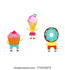 Vector flat funny humanized sweet dessert set. Donut male character with human body and doughnut head sticking out his tongue, waffle cone and cream cake. Isolated illustration on a white background.