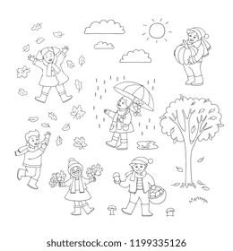 Vector flat funny kids having fun outdoor with autumn weather. Male, female characters, boy and girls playing with falling leaves, collecting mushroom, walking with umbrella holding pumpkin monochrome