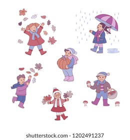 Vector flat funny kids having fun outdoor with autumn weather. Male, female characters, boys and girls playing with falling leaves, collecting mushrooms, walking with umbrella, holding pumpkin