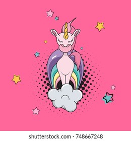 Vector flat funny magic unicorn on cloud isolated on pink background. Cartoon style. kids emoji smile character. Animal facial expression and emotion. Fairy pink horse. Children illustration.