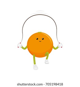 vector flat funny orange character jumping at rope. Cheerful humanized fruit makes exercises with skipping rope. Isolated illustration on a white background. Healthy, sportive lifestyle concept