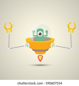 vector flat funny orange robot alien spaceship logo design template . cartoon ufo alien in space. funny flying saucer