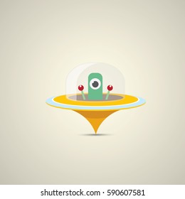 vector flat funny orange robot alien spaceship logo design template . cartoon ufo alien in space. funny flying saucer