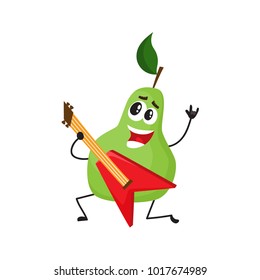 Vector flat funny pear happy fruit character rockstar smiling, holding red electric guitar singing song. Summer vacation, party poster design element. Isolated illustration, white background.