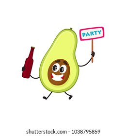 Vector flat funny pear happy fruit character smiling holding glass beer bottle, party placard going to have fun. Summer vacation, party poster design element. Isolated illustration, white background.