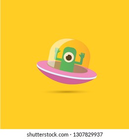 vector flat funny pink alien spaceship logo design template isolated on orange background. cartoon cute alien in space. funny flying saucer sign or symbol