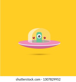 vector flat funny pink alien spaceship logo design template isolated on orange background. cartoon cute alien in space. funny flying saucer sign or symbol