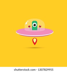 vector flat funny pink alien spaceship logo design template isolated on orange background. cartoon cute alien in space. funny flying saucer sign or symbol