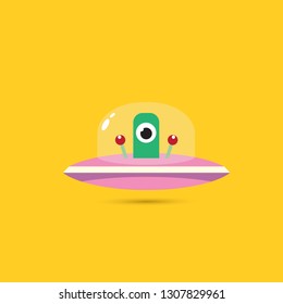 vector flat funny pink alien spaceship logo design template isolated on orange background. cartoon cute alien in space. funny flying saucer sign or symbol