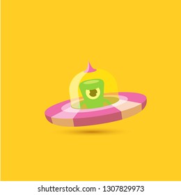 vector flat funny pink alien spaceship logo design template isolated on orange background. cartoon cute alien in space. funny flying saucer sign or symbol