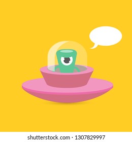 vector flat funny pink alien spaceship logo design template isolated on orange background. cartoon cute alien in space. funny flying saucer sign or symbol