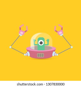 vector flat funny pink alien spaceship logo design template isolated on orange background. cartoon cute alien in space. funny flying saucer sign or symbol