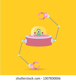 vector flat funny pink alien spaceship logo design template isolated on orange background. cartoon cute alien in space. funny flying saucer sign or symbol