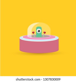 vector flat funny pink alien spaceship logo design template isolated on orange background. cartoon cute alien in space. funny flying saucer sign or symbol