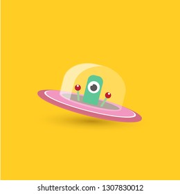 vector flat funny pink alien spaceship logo design template isolated on orange background. cartoon cute alien in space. funny flying saucer sign or symbol