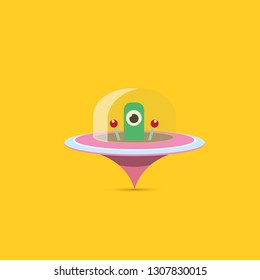 vector flat funny pink alien spaceship logo design template isolated on orange background. cartoon cute alien in space. funny flying saucer sign or symbol