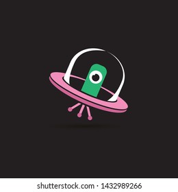 vector flat funny pink alien spaceship logo design template . cartoon ufo alien in space. funny flying saucer