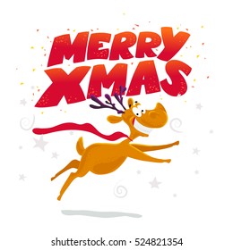 Vector flat funny reindeer character portrait. Cartoon style. Xmas decoration design elements. Merry Christmas and Happy New Year card design.