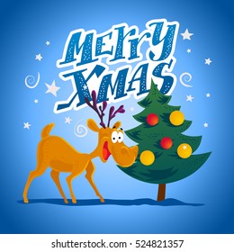 Vector flat funny reindeer character portrait. Cartoon style. Xmas decoration design elements. Merry Christmas and Happy New Year card design.