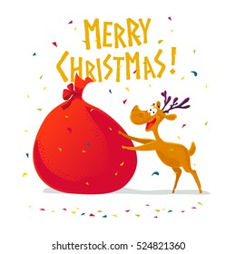 Vector flat funny reindeer character portrait. Cartoon style. Xmas decoration design elements. Merry Christmas and Happy New Year card design.