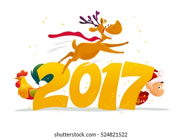 Vector flat funny reindeer, rooster and santa elf character portrait. Cartoon style. Xmas decoration design elements. Merry Christmas and Happy New Year card design.