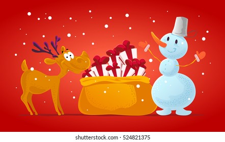 Vector flat funny reindeer and snowman character portrait. Cartoon style. Xmas decoration design elements. Merry Christmas and Happy New Year card design.