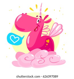 Vector flat funny unicorn character portrait sitting on pink cloud isolated on white background. Cartoon cute funny little horse. Fairy smiling lovely pony. Children illustration. Packaging design.