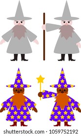 Vector flat funny wizards: one white man in a gray robe holding a stick, and one black man in a purple robe with stars holding a magic wand