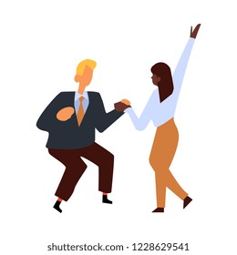Vector flat funny woman, man in suit having fun at corporate party dancing holding hands. Business people goes wild at birthday, corporate or christmas party
