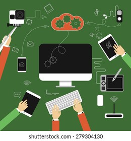 Vector flat gadget, interaction between an equipment, data storage file. Monitor, computer, phone,camera, player, headphones,