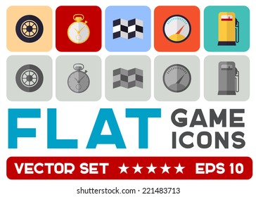 Vector flat game icons set. Racing items