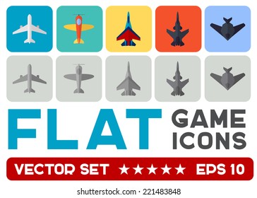 Vector flat game icons set. Combat aircraft