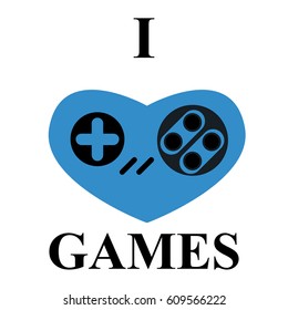 Vector flat gamer logo with signature I love games. Gaming concept with abstract gamepad and heart on background. Video game joystick symbol.