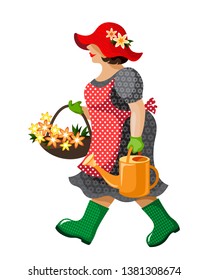 vector flat gardener in bright colored clothes on white background.fat funny woman with flower basket and garden watering can in her hands.design element for horticulture 