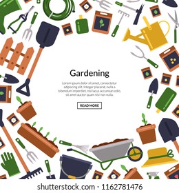 Vector flat gardening icons background with place for text illustration. Banner with equipment garden, watering poster growing