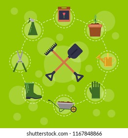 Vector flat gardening icons infographic concept illustration. Tools of collection