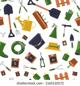 Vector flat gardening icons pattern or background illustration. Watering and growing, rake and pruner