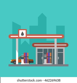 Vector flat gas filling station icon. Car at an oil station. Transport service building detailed illustration