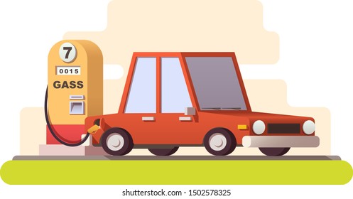 Vector flat gas station and car. Isolated on white background.