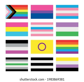 Vector flat Gender and Sexual orientation lgbt flag icons set isolated on white background. Male, female, transgender, gay, lesbian, bisexual, bigender, travesti, genderqueer, androgyne, asexual