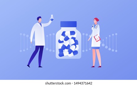 Vector flat genetic science illustration. Male character in coat uniform with paper with tube with dna. Concept of gene treatment, engineering, innovation. Design element for banner, poster, website