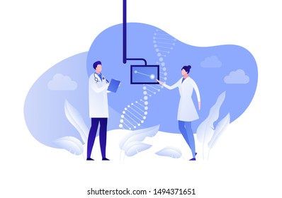 Vector flat genetic science people illustration. Scientist team with dna symbol on screen isolated on white background. Concept of gene study, research, analysis Design element for banner, poster, web