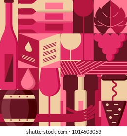 Vector flat geometric design elements for wine list, label, packaging, bar or restaurant menu. Colorful background with wine bottles, glass, grape vine. Trendy blocking illustration.